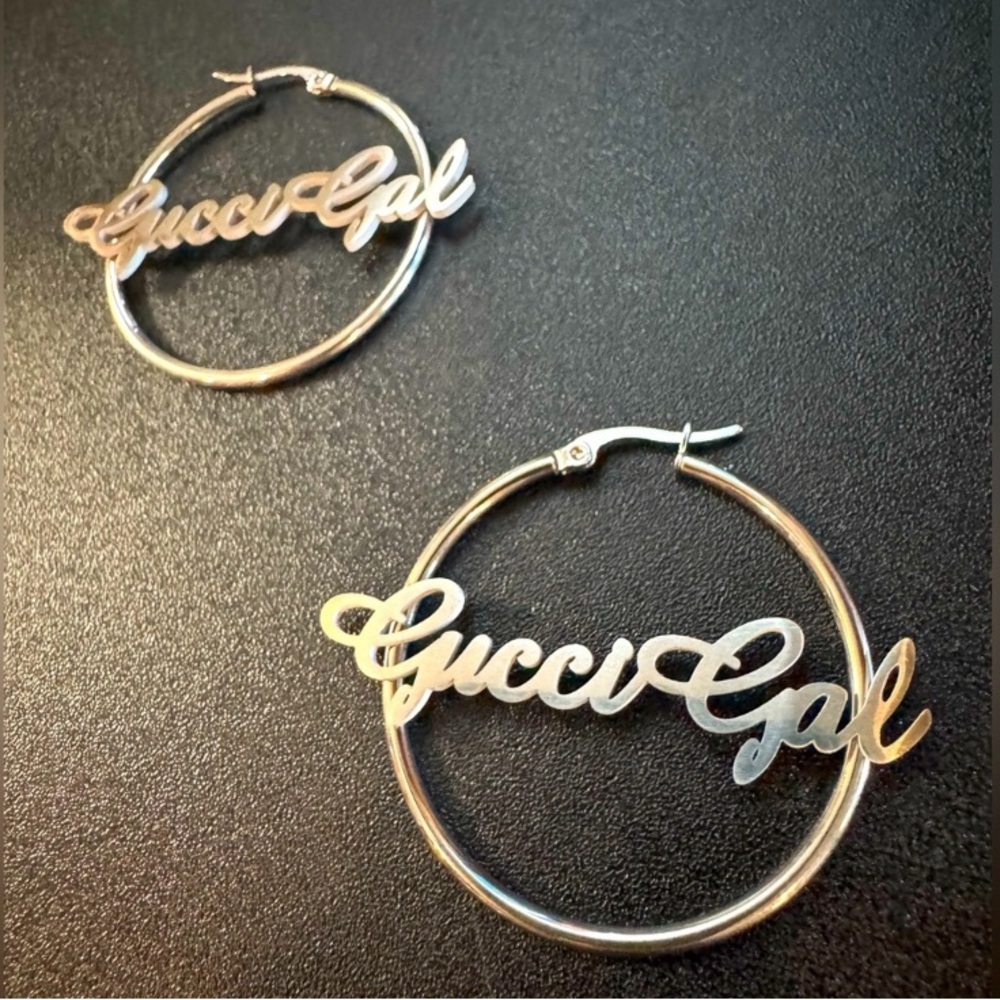 GucciGal Custom Made Silver Script Hoop Earrings - Picture 3 of 6